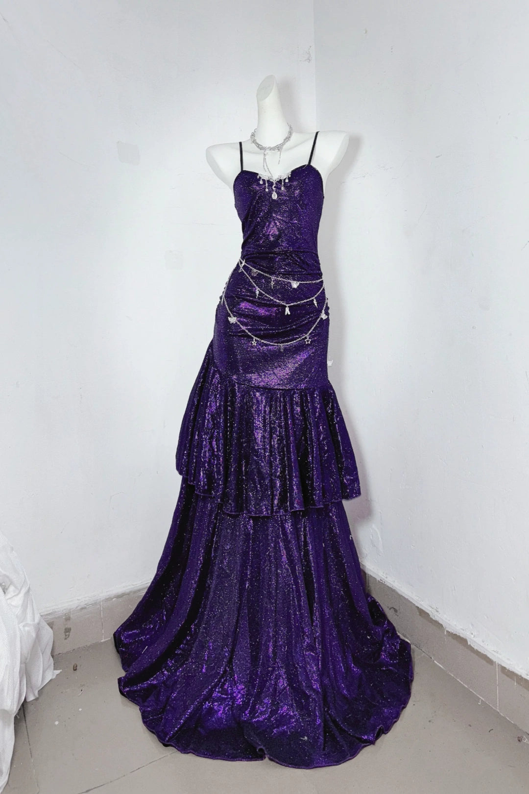 Sparkly Purple Mermaid Spaghetti Strap Evening Dress F0283