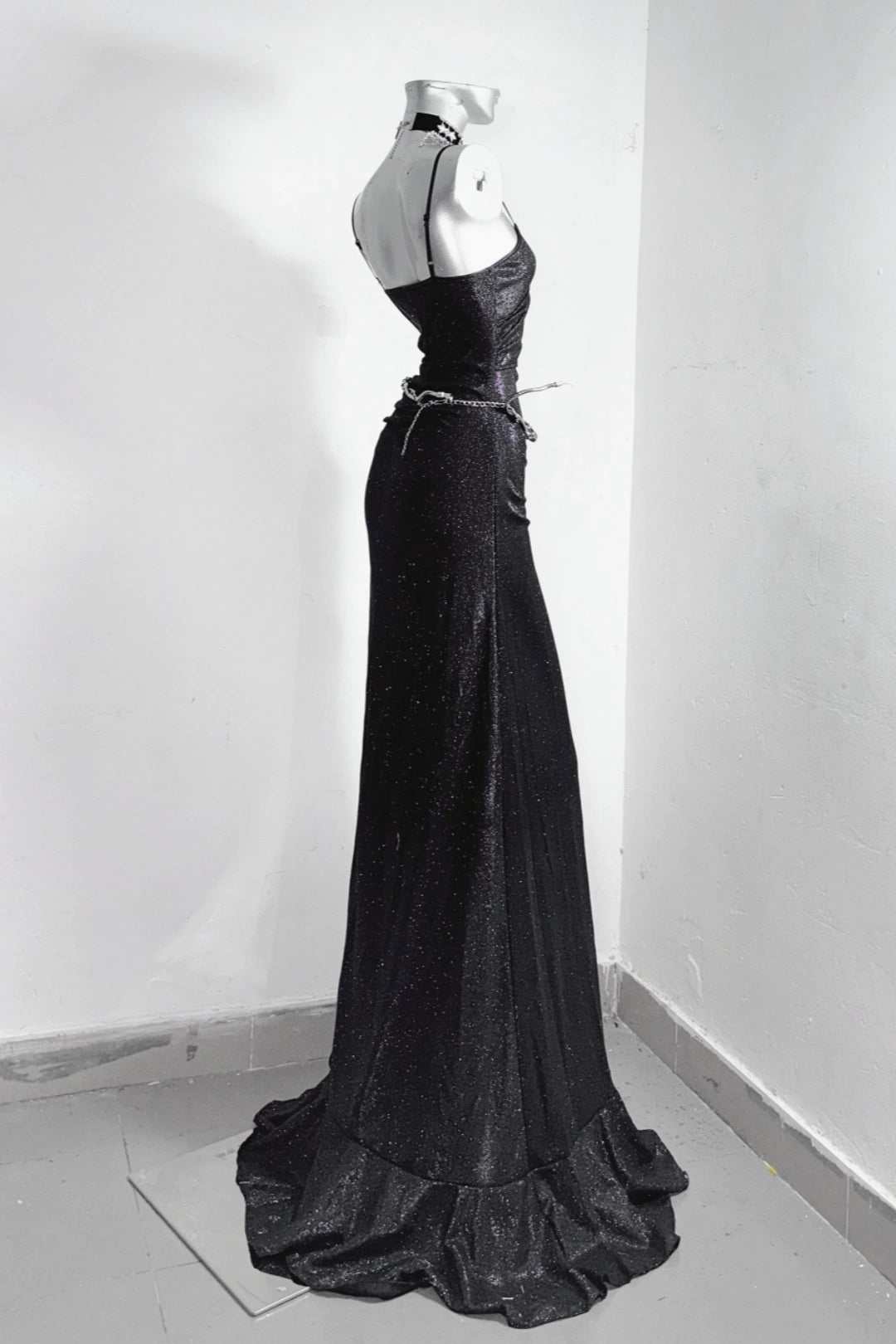 Elegant black glitter mermaid dress with thin spaghetti straps, side ruched waist and asymmetrical ruffle high slit floor-length Dress F0285
