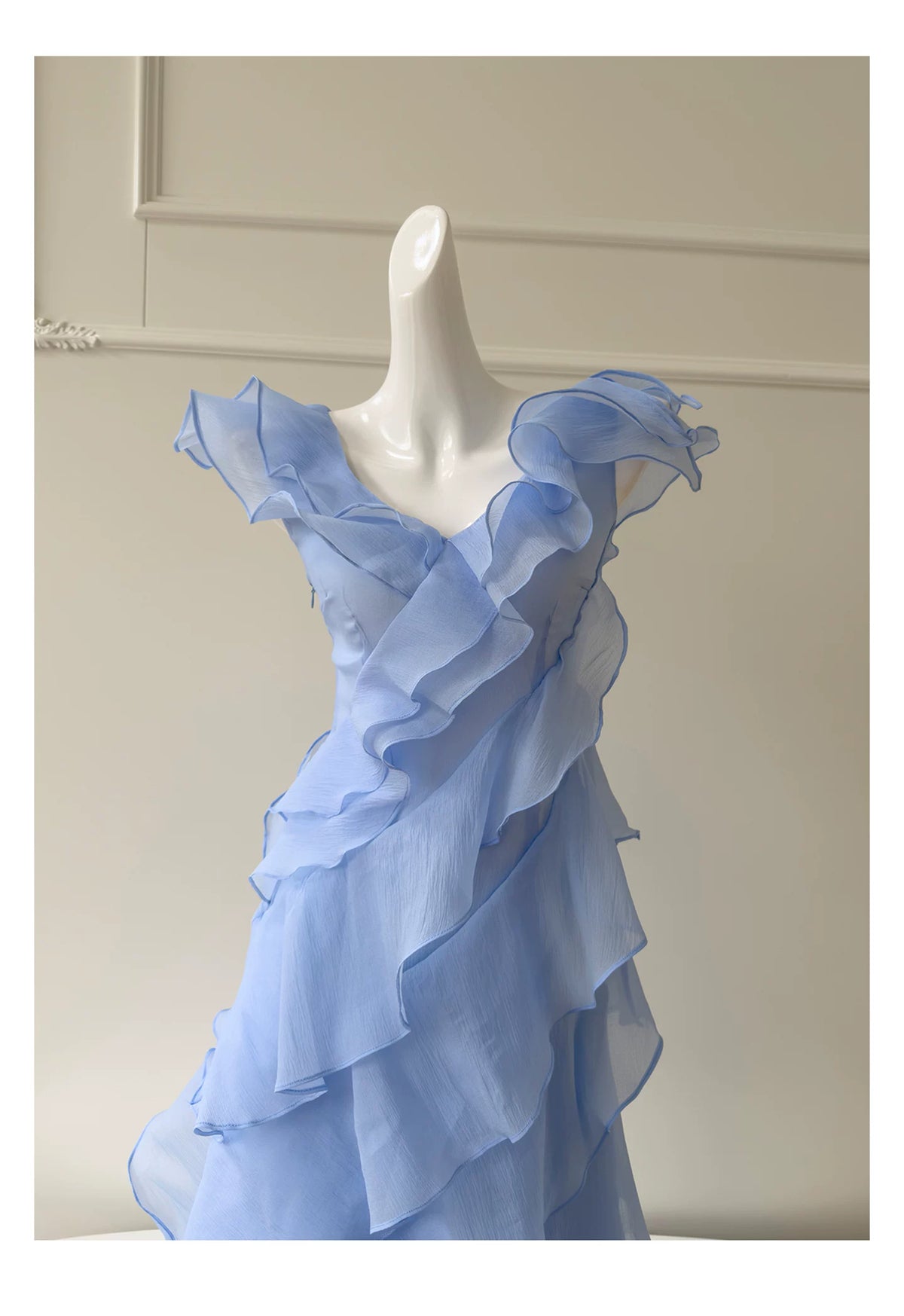 Light Blue V Neck Ruffle Long Evening Dress F0446