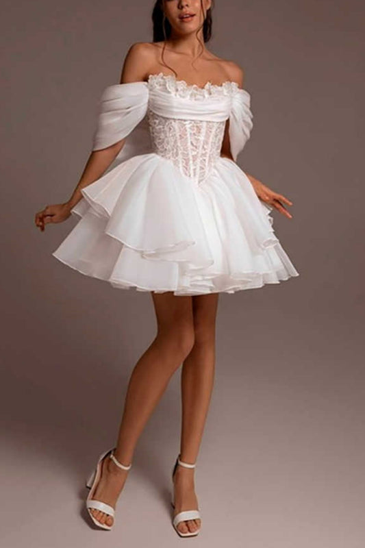 Off Shoulder Lace Corset Tulle Homecoming Dress Ruffled Short Dress F0292