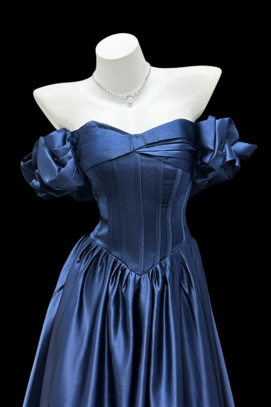 Off Shoulder Navy Satin Corset Evening Dress With Ruffled Puff Sleeves F0355