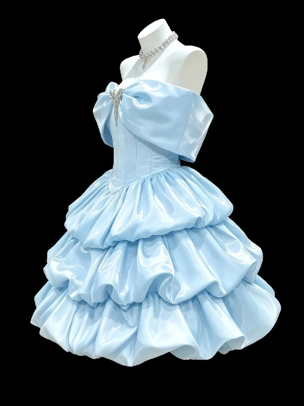 Off Shoulder Satin Tiered Mini Homecoming Dress With Big Bow F0310