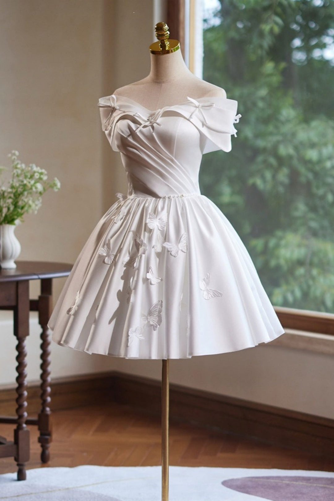 Off Shoulder White Satin Butterfly Homecoming Dress Corset Back F0291