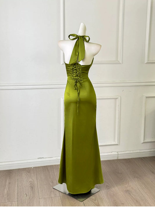 Olive Green Satin Halter Mermaid Evening Dress F0456