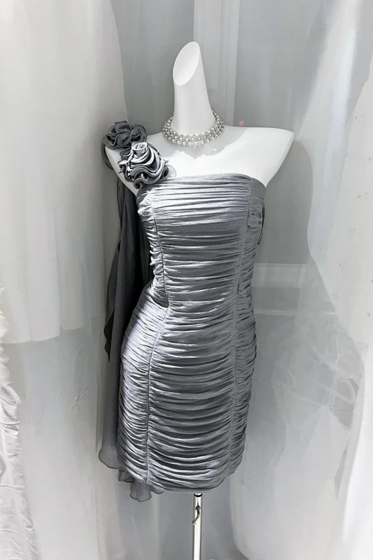 One Shoulder Floral Ruched Formal Mini Dress F0528