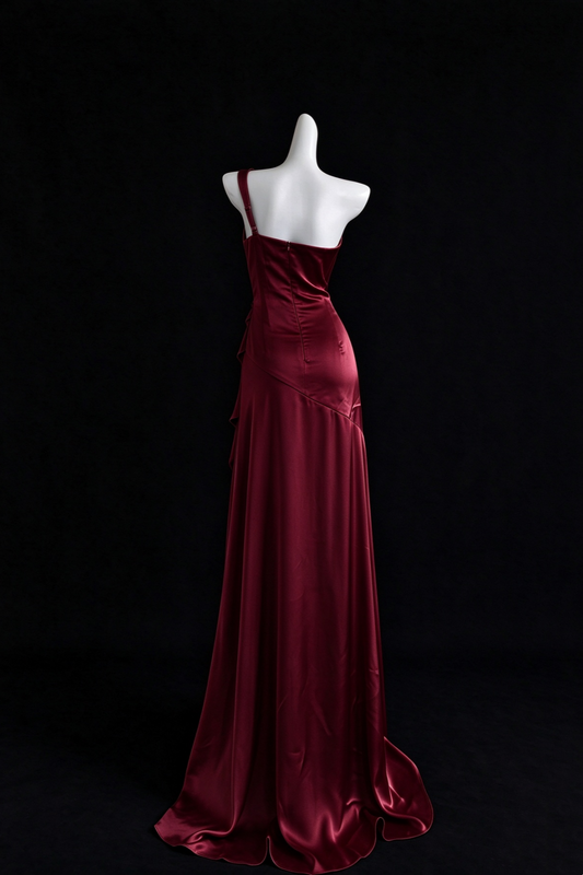 One Shoulder Satin Formal Evening Dress, Mermaid Ruffle Long Dress F0533