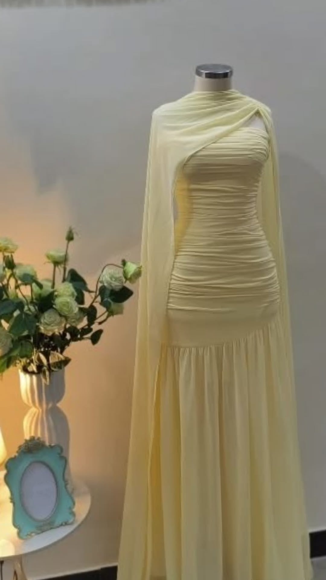 Pale Yellow Chiffon Formal Gown With Cape Ruched Evening Dress F0403