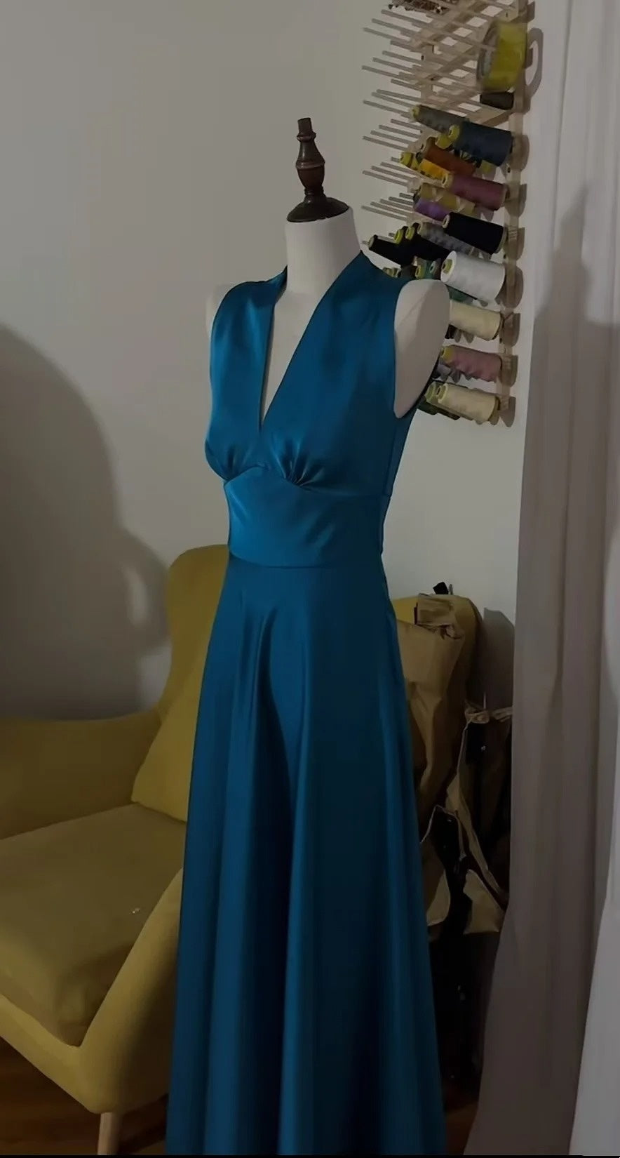 Peacock Blue Satin V Neck Sleeveless A-Line Long Evening Dress F0394