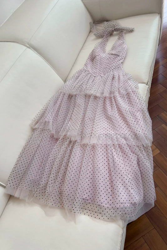 Pink Polka Dot Tulle Halter Tiered Maxi Dress, Party Evening Dress F0430