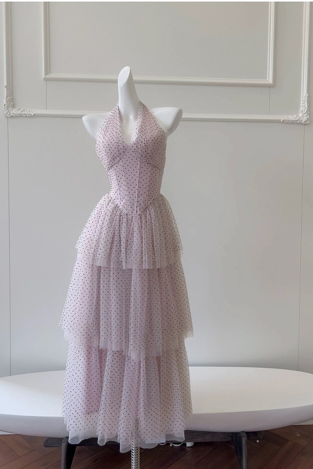 Pink Polka Dot Tulle Halter Tiered Maxi Dress, Party Evening Dress F0430
