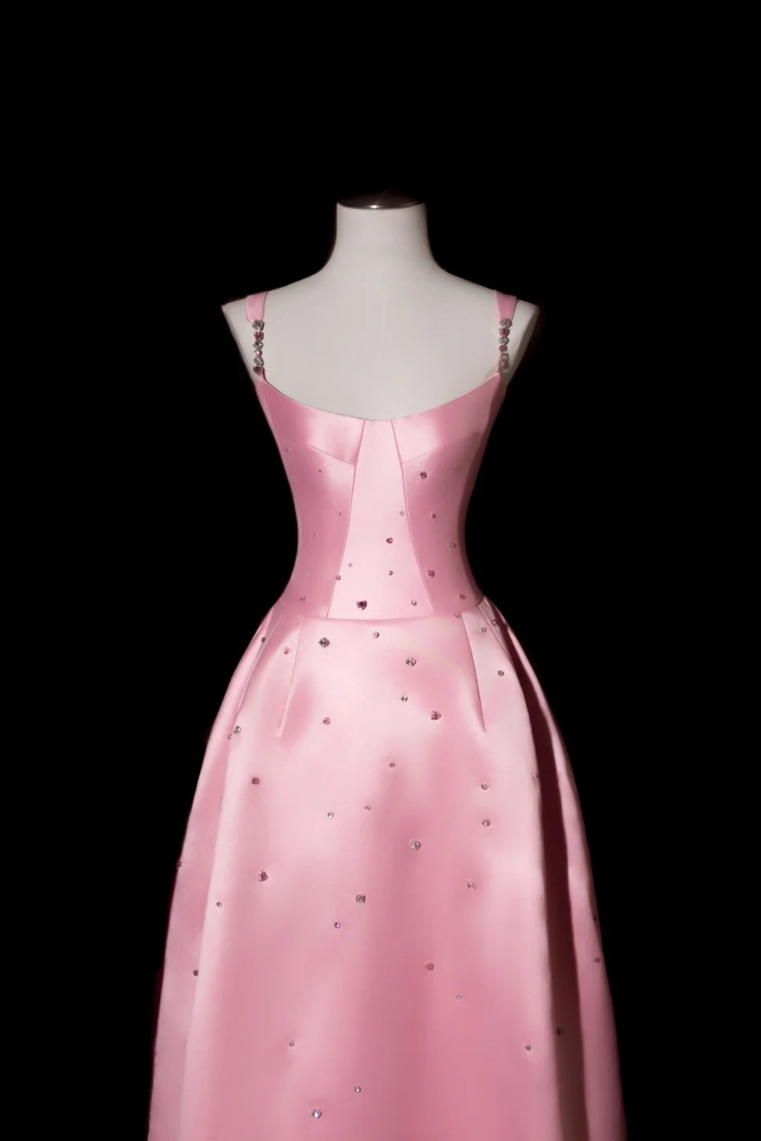 Pink Satin Spaghetti Straps Corset Evening Gown With Rhinestone Detailing F0371