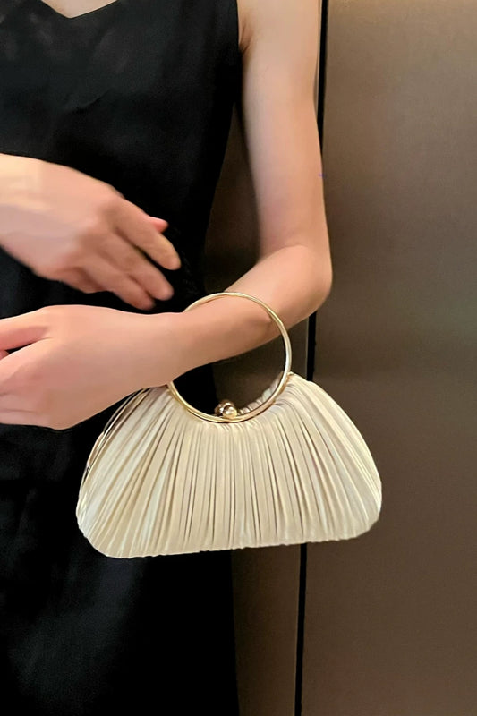 Pleated Satin Ring Handle Evening Clutch, Formal Party Handbag B003