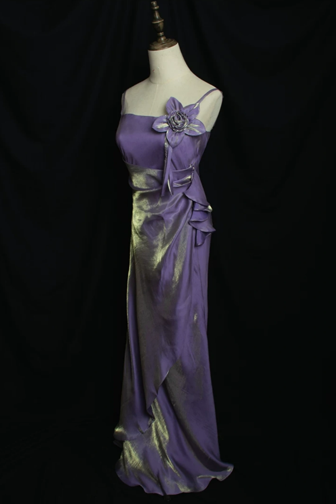 Purple Gold Shimmer Spaghetti Strap Mermaid Formal Dress with 3D Flower L021
