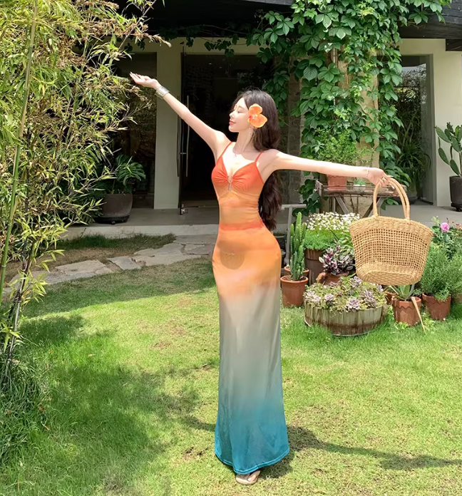 Beach Vacation Gradient Mesh Orange-Blue Gradient Halter-Neck Fitted Maxi Dress FD012