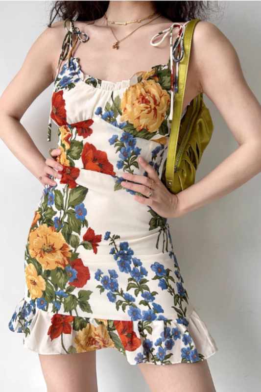 Damen Trägerkleid im Vintage-Stil mit Ölgemälde-Print, Rüschensaum, A-Linien-Minikleid 001