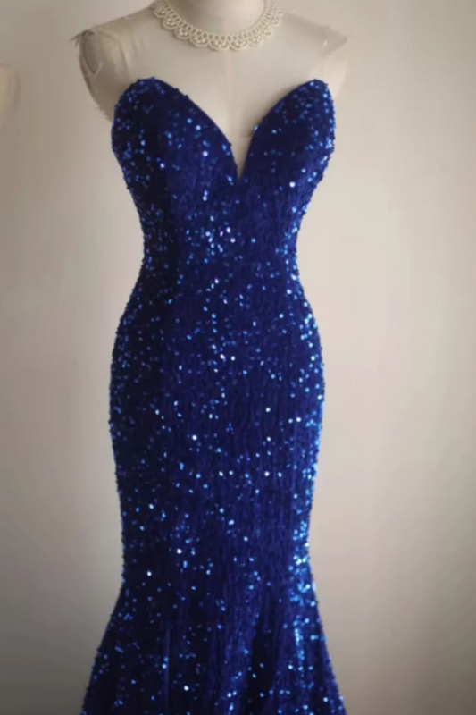 Königsblaues Pailletten-Neckholder-Meerjungfrauen-Ballkleid mit V-Ausschnitt, geschlitztes Abendkleid mit Schleppe Floral-012