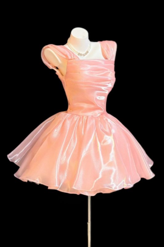Elegantes pinkes glänzendes Satin-Mini-Kleid mit eckigem Ausschnitt und Ballonrock, luxuriöses Korsett-Ballkleid für Damen, süßes formelles Abendkleid für Party, Geburtstag und Homecoming Floral024