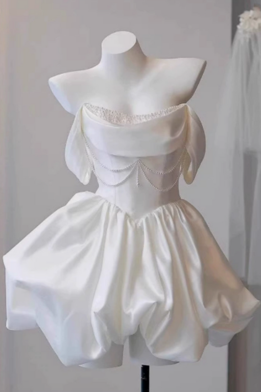 Elegant ivory satin off shoulder mini dress with pearl chain, bubble hem short dress F0286