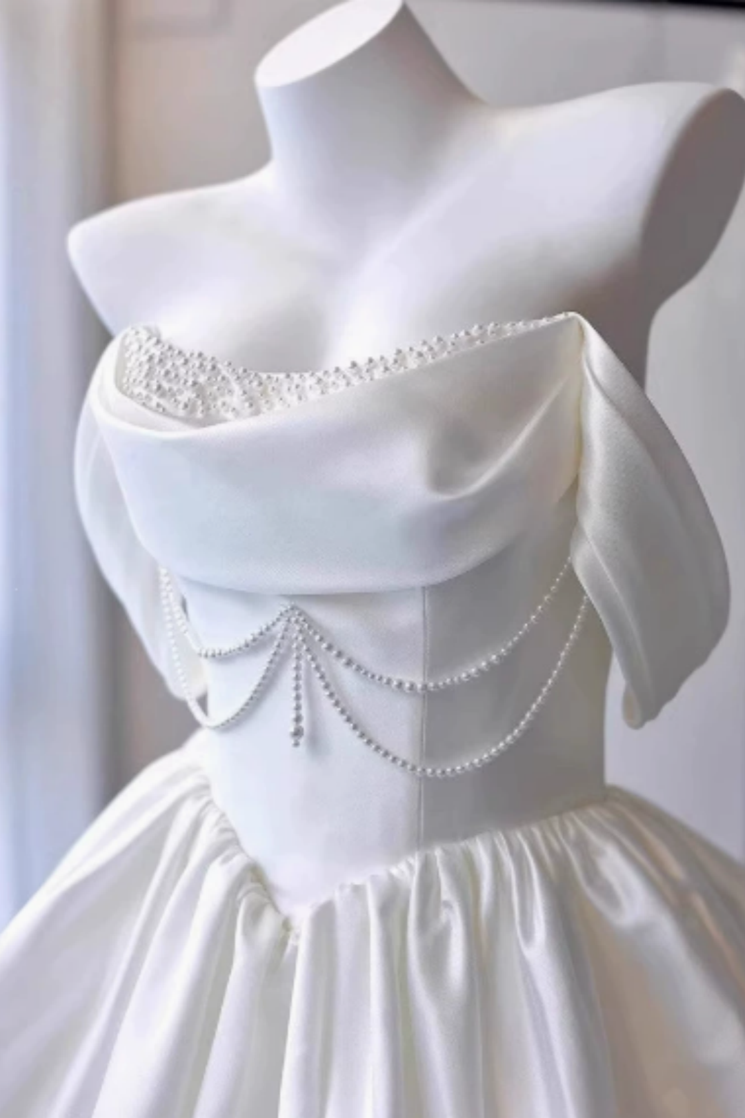 Elegant ivory satin off shoulder mini dress with pearl chain, bubble hem short dress F0286