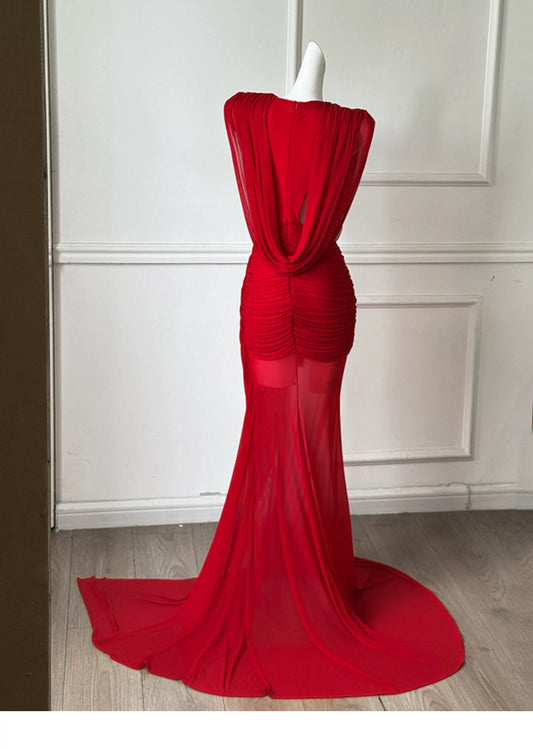 Red Deep V Mermaid Formal Evening Gown F0467