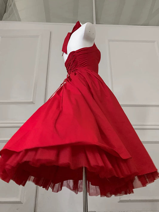 Red Halter Midi Party Dress F0472