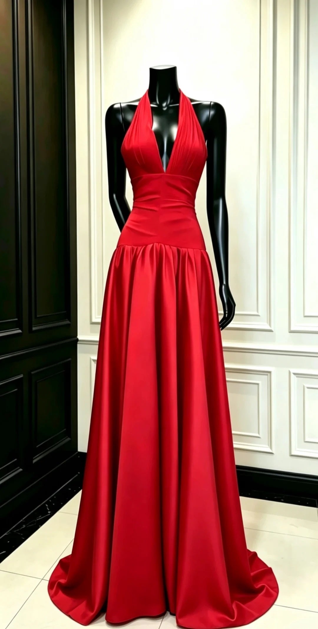 Red Satin Halter V Neck A-Line Long Evening Dress F0395