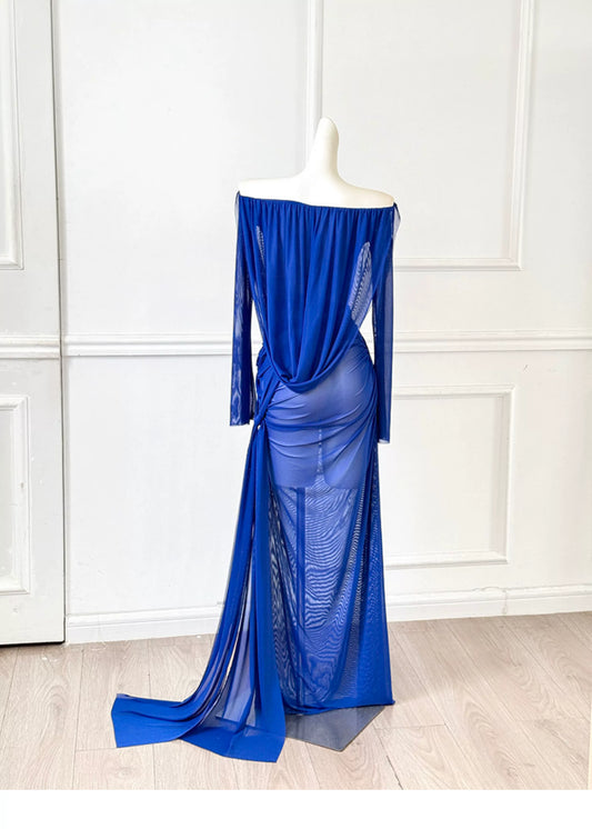 Royal Blue Off Shoulder Long Sleeve Mesh Evening Dress F0459