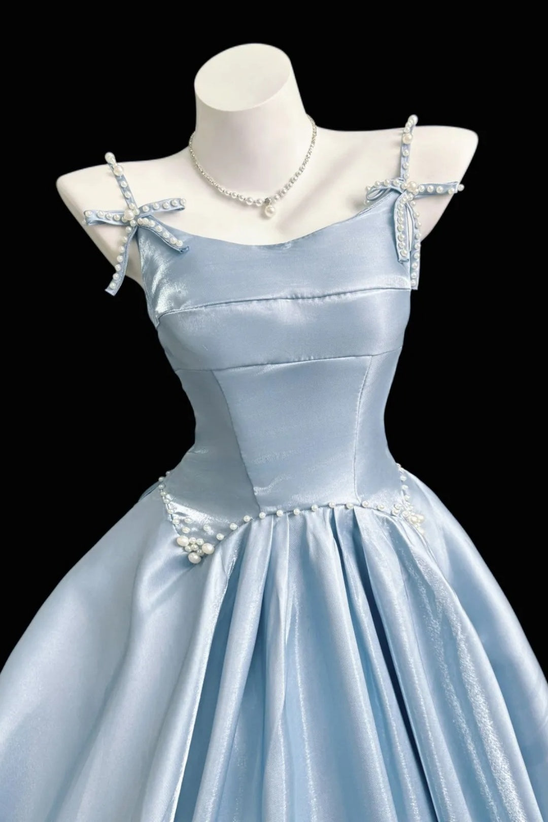 Spaghetti Strap Light Blue Satin Ball Gown With Pearl Bow Details F0356