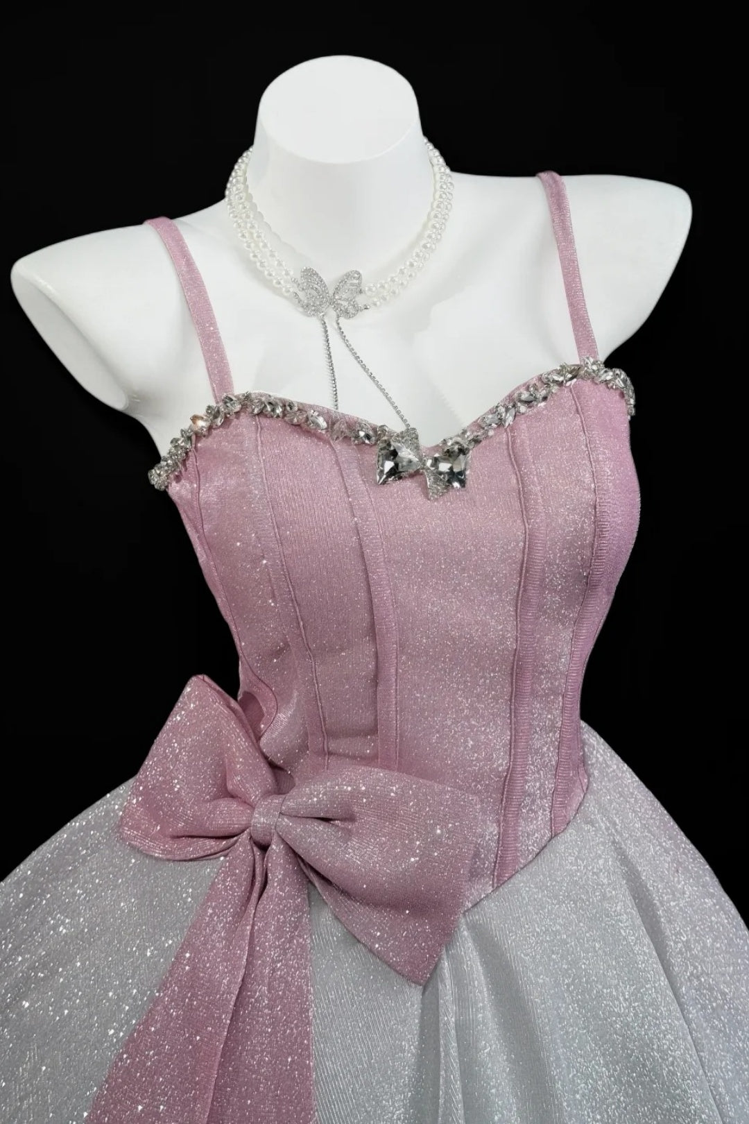 Spaghetti Strap Pink Glitter Short Dress With Crystal Trim & Big Bow F0360