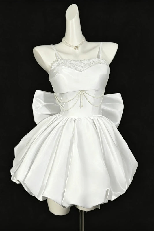 Spaghetti Strap Satin Mini Homecoming Dress With Pearl Beading & Big Back Bow F0327