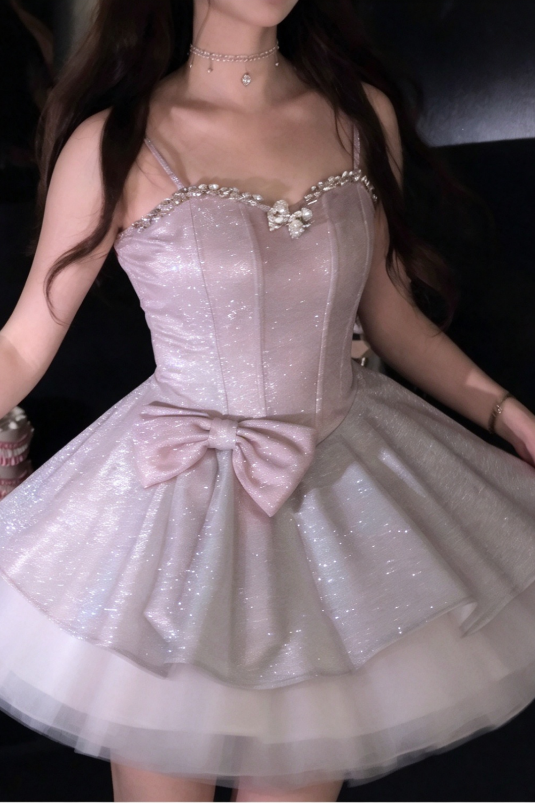 Sparkly Spaghetti Strap Homecoming Dress Bow Princess Mini Dress F0296