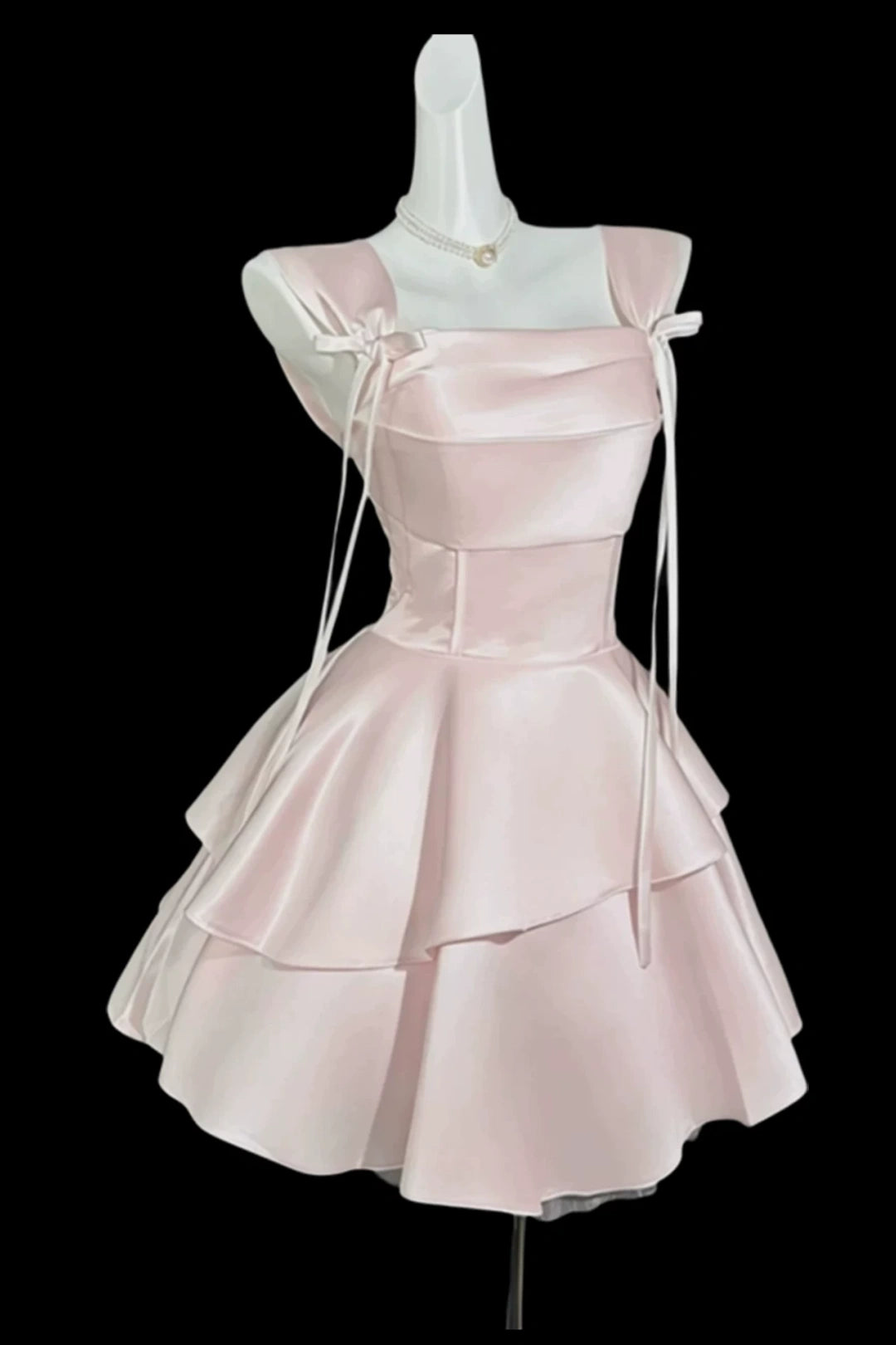 Square Neck Pink Satin Tiered Mini Homecoming Dress With Shoulder Bows F0323
