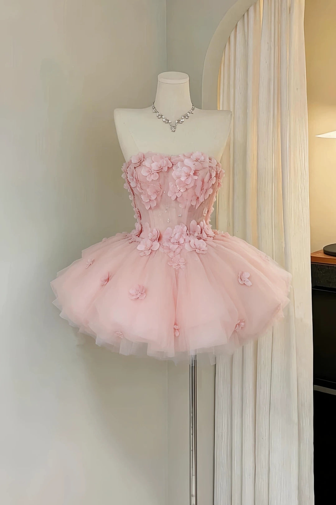 Strapless 3D Floral Tulle Mini Homecoming Dress F0321