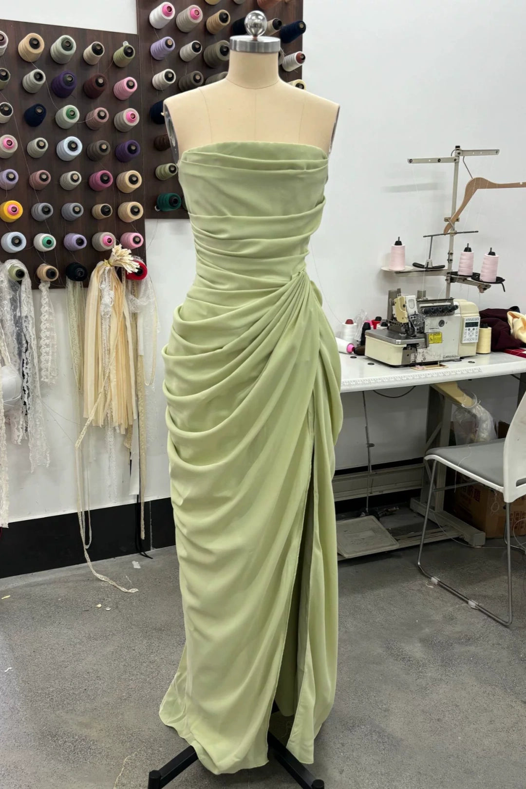Strapless Draped Chiffon Bridesmaid Dress Side Slit Formal Gown F0423