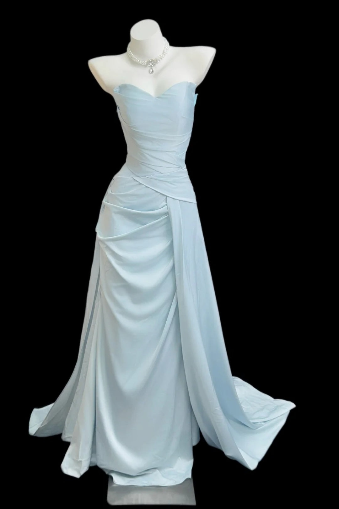 Strapless Light Blue Satin Mermaid Evening Dress With Draped Details F0359