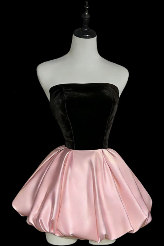 Strapless black velvet blush satin bubble mini homecoming dress with corset lace up back F0290