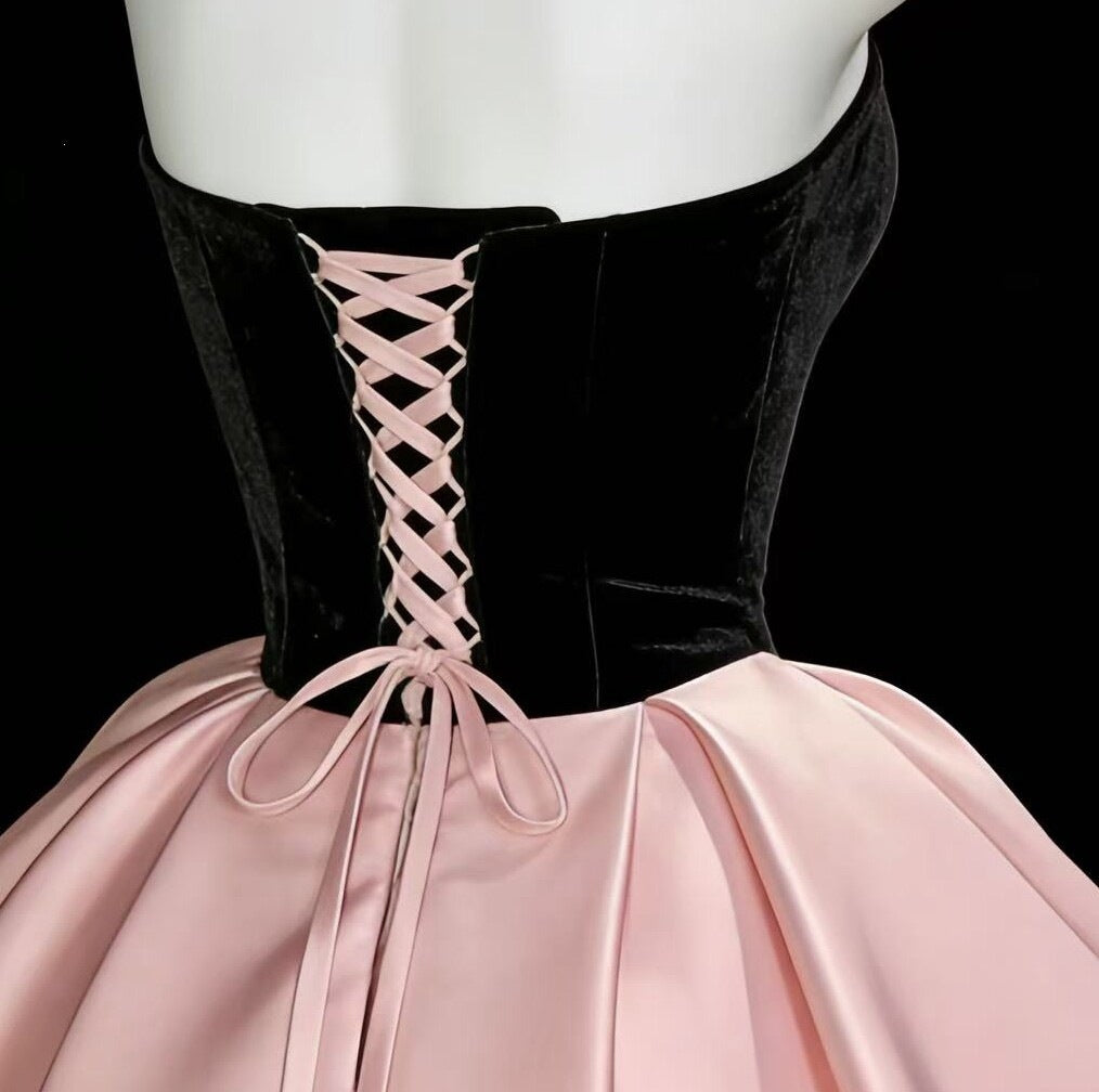 Closeup of corset lace up back for strapless velvet satin mini formal dress F0290
