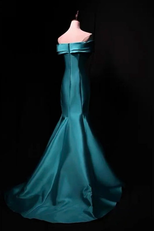 Teal Satin Off Shoulder Mermaid Long Evening Dress F0521