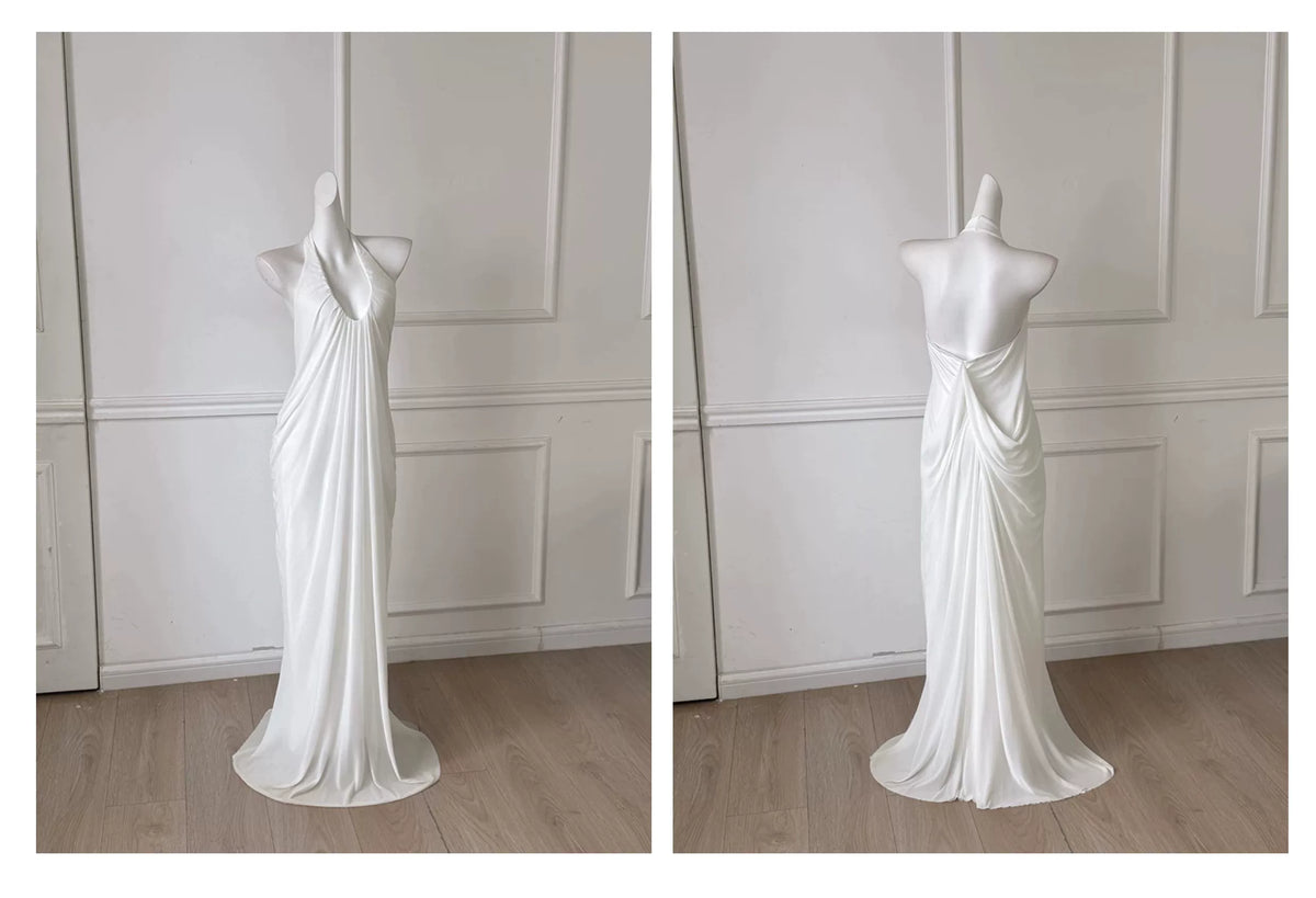 White Halter Deep V Backless Maxi Dress, Formal Evening Dress F0484