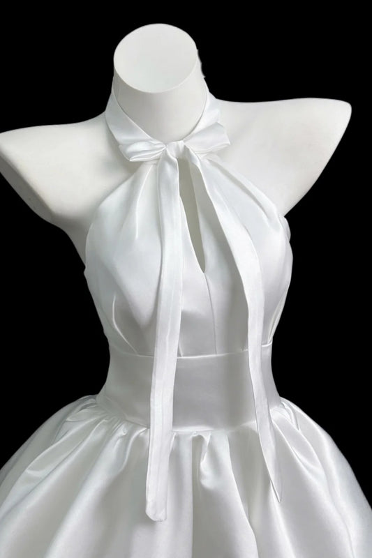 White Satin Halter Short Dress With Front Bow & Keyhole Neck F0364