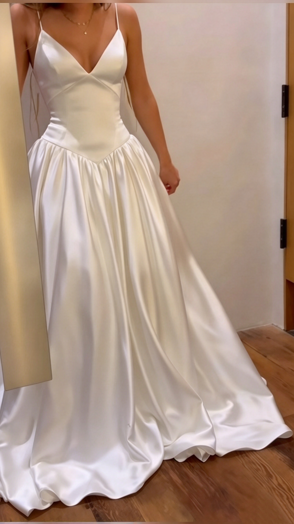 White Satin Spaghetti Strap Wedding Dress F0400