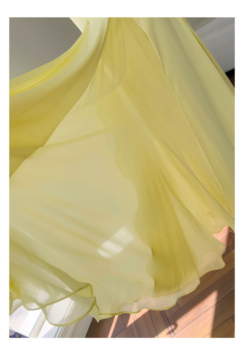 Yellow Spaghetti Strap Chiffon Maxi Dress, Bridesmaid Evening Gown F0431
