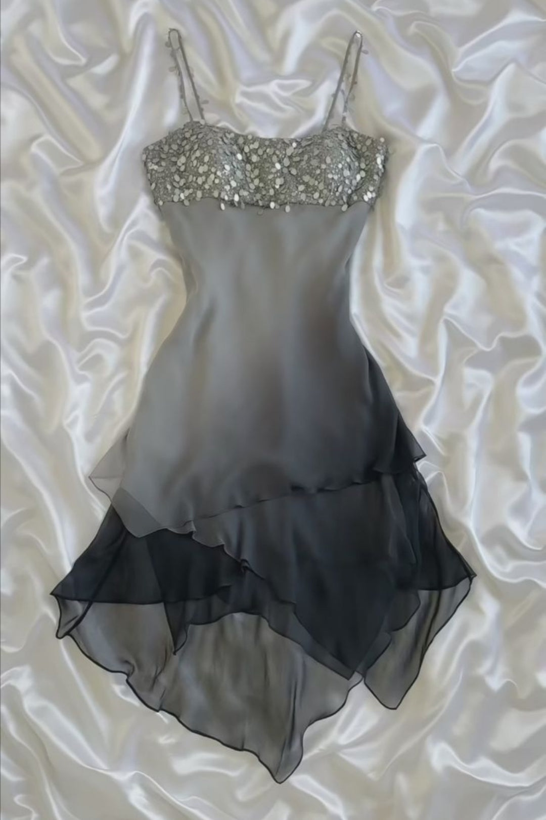 Grey Black Ombre Chiffon Dress Sequin Bodice High Low Party Gown F0223