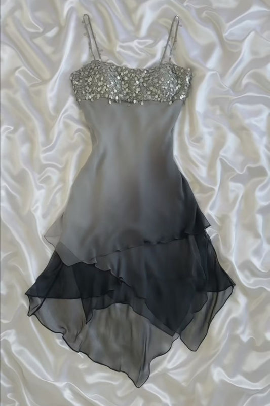 Grey Black Ombre Chiffon Dress Sequin Bodice High Low Party Gown F0223