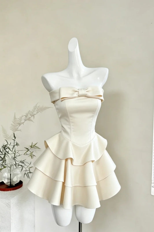Cream Off Shoulder Mini Dress Big Bow Tiered Ruffle Satin Dress F0237