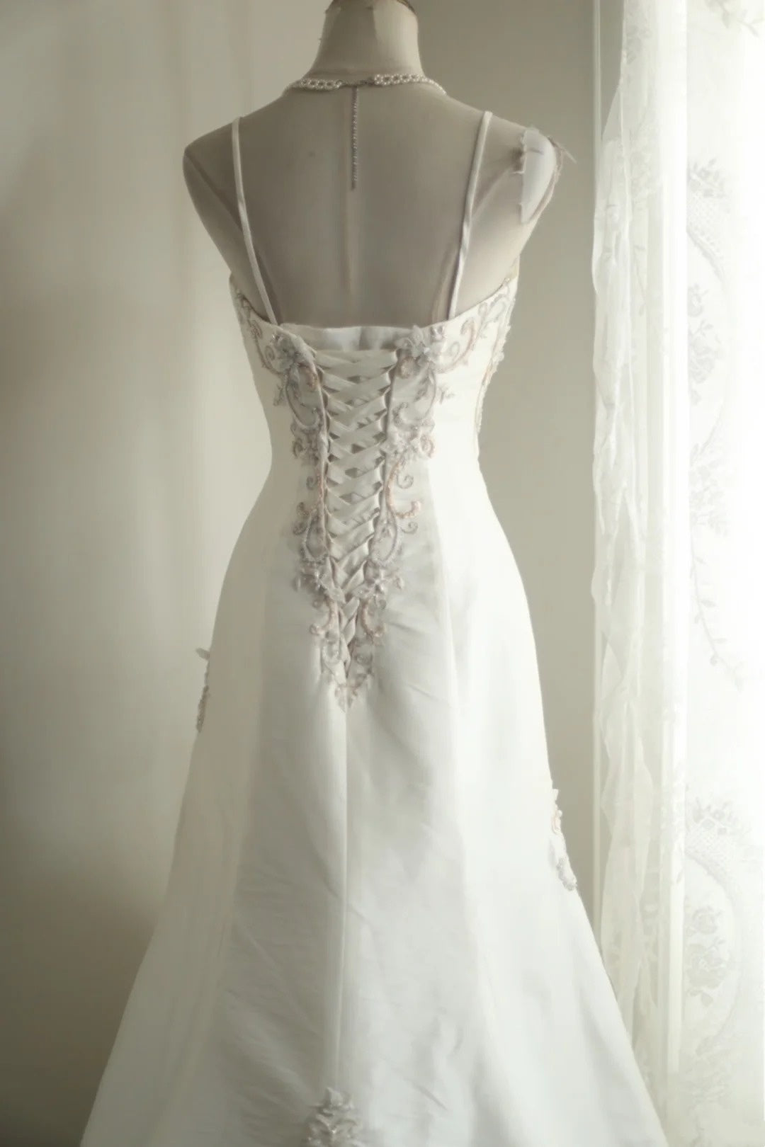 Satin Mermaid Wedding Dress Spaghetti Strap Corset Back Bridal Gown F0170