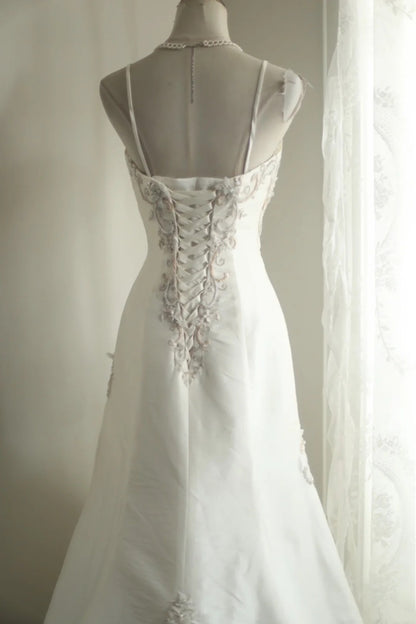 Satin Mermaid Wedding Dress Spaghetti Strap Corset Back Bridal Gown F0170