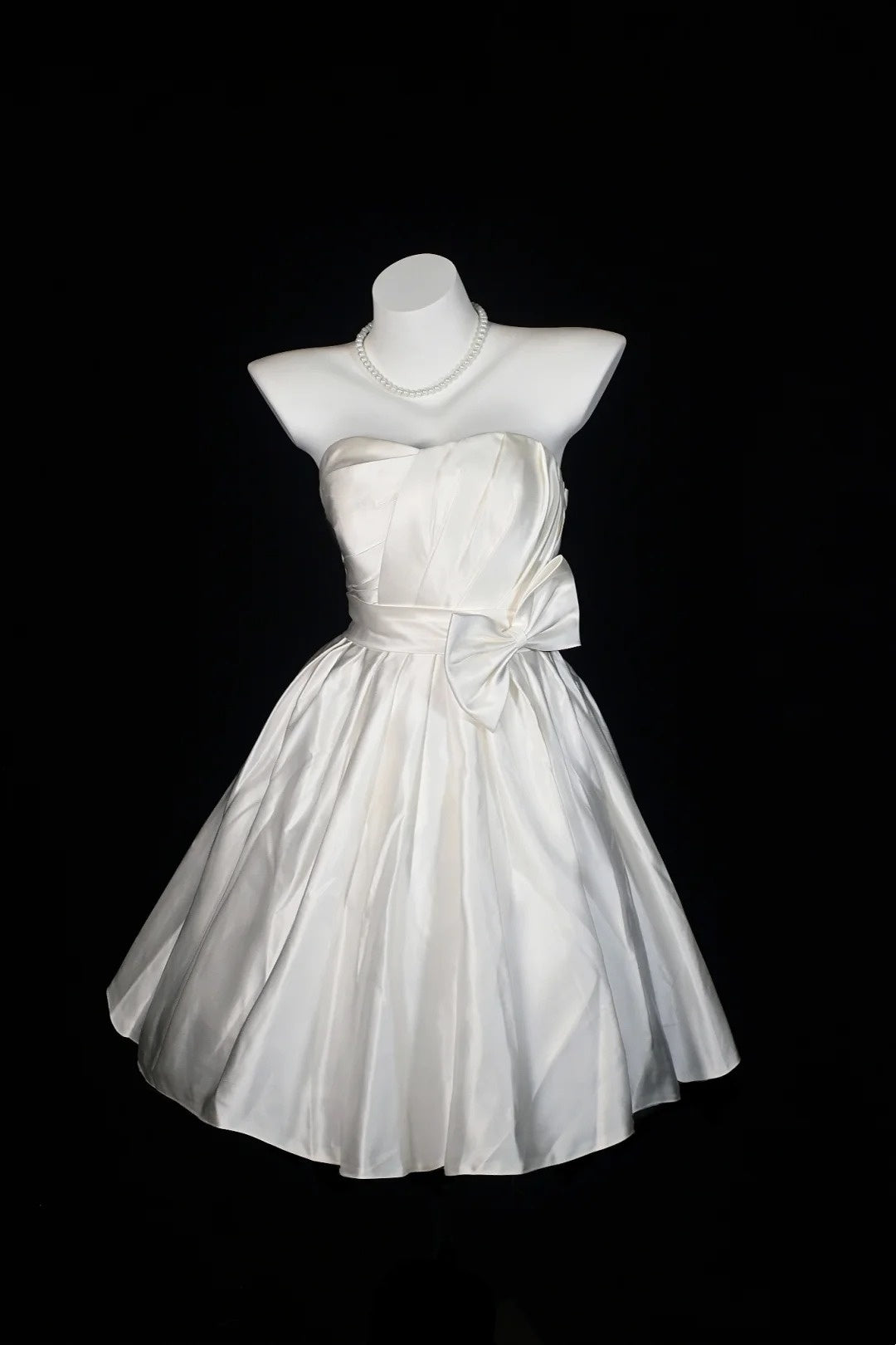 White Strapless Satin Midi Dress Big Bow Fit Flare Bridal Dress F0250