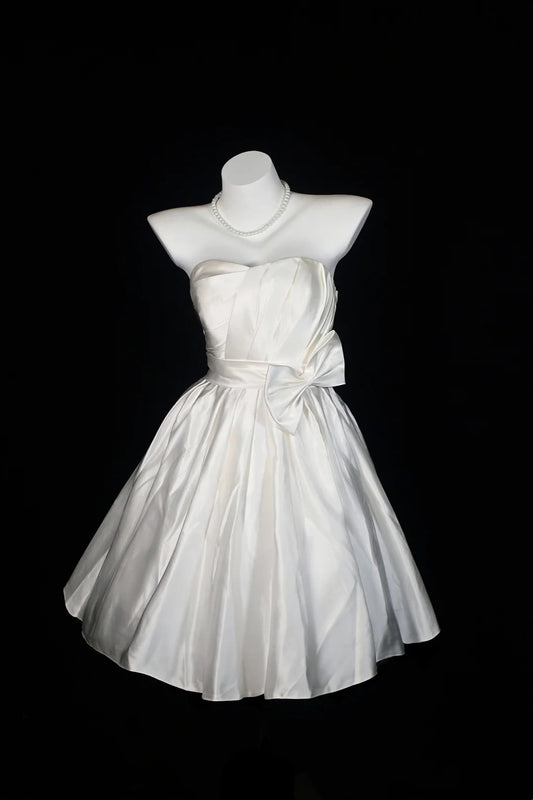 White Strapless Satin Midi Dress Big Bow Fit Flare Bridal Dress F0250