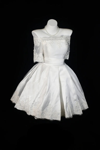 White Off Shoulder Lace Sleeve Satin Mini Dress Lace Up Homecoming Dress F0251